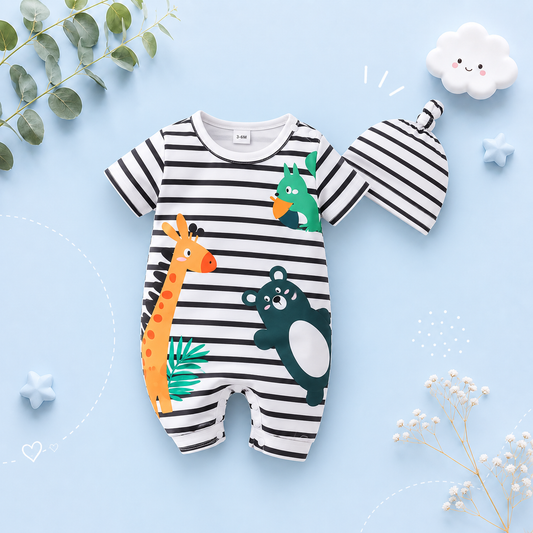 The Wylder - Newborn Baby Boy Animal Print Striped Romper Hat Set Summer