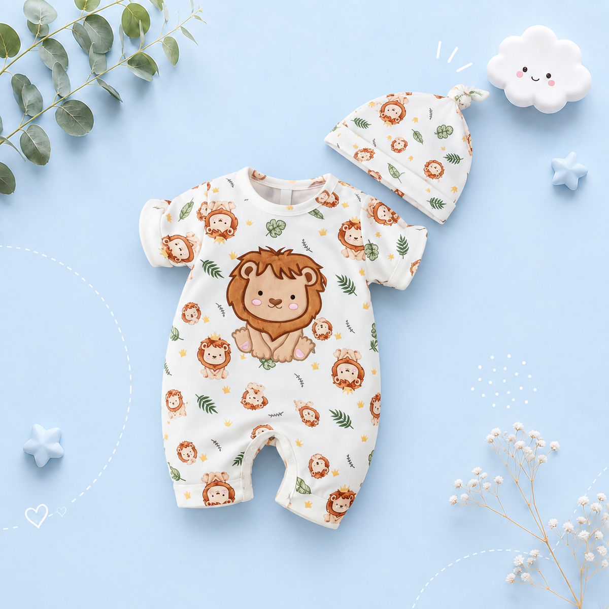 The Wilson - Newborn Baby Boy Lion Print Hoodie Shorts Hat Set Casual Outfit 3PCS
