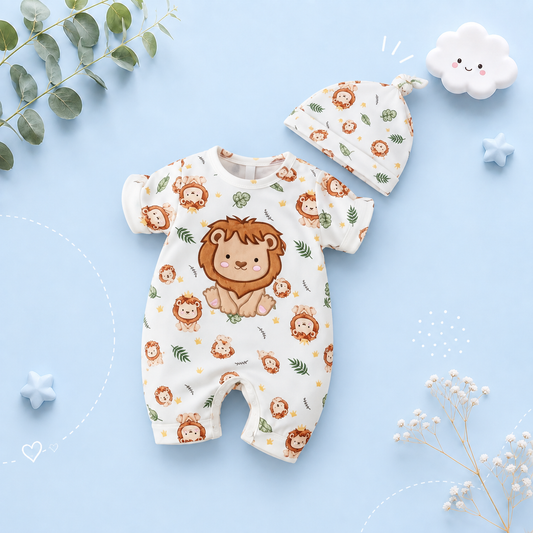 The Wilson - Newborn Baby Boy Lion Print Hoodie Shorts Hat Set Casual Outfit 3PCS