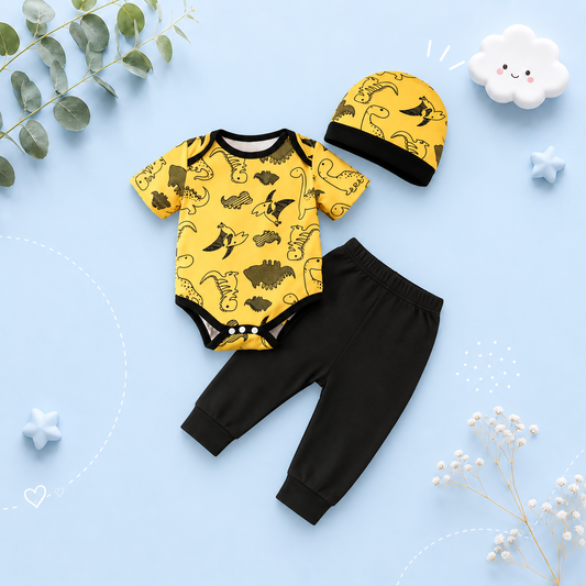The Houston - Baby Boy 3PCS Dinosaur Print Shirt Pants & Hat Summer Yellow Outfit