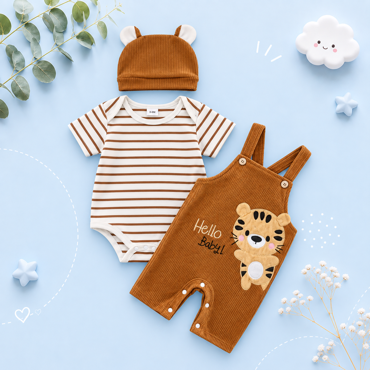 The Davis - Newborn Baby Boy Tiger Embroidered Romper Overalls Hat Set