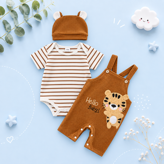 The Davis - Newborn Baby Boy Tiger Embroidered Romper Overalls Hat Set