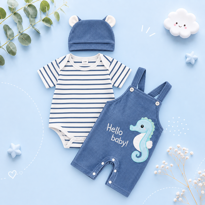 The Davis - Newborn Baby Boy Tiger Embroidered Romper Overalls Hat Set