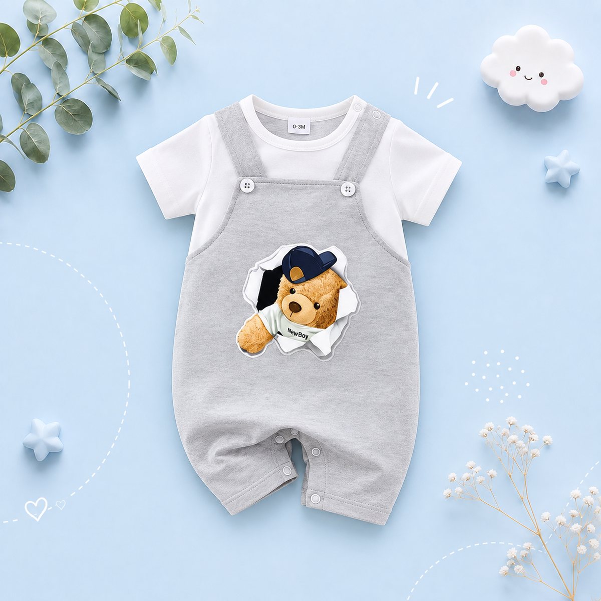The Yosef - Newborn Baby Bear Print Fake Two Piece Suspender Romper Summer Outfit