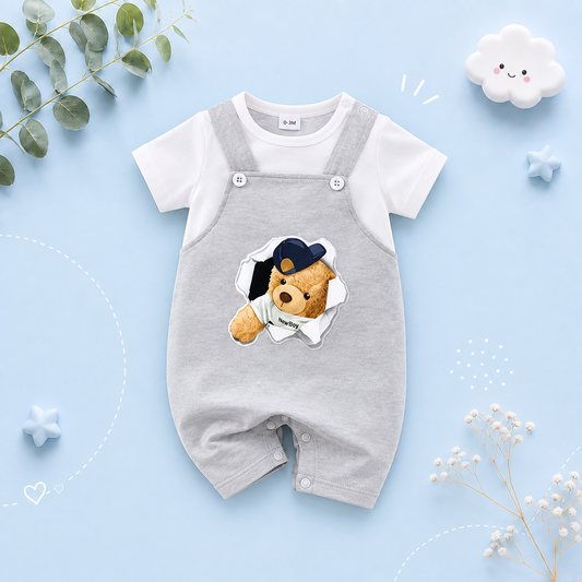 The Yosef - Newborn Baby Bear Print Fake Two Piece Suspender Romper Summer Outfit
