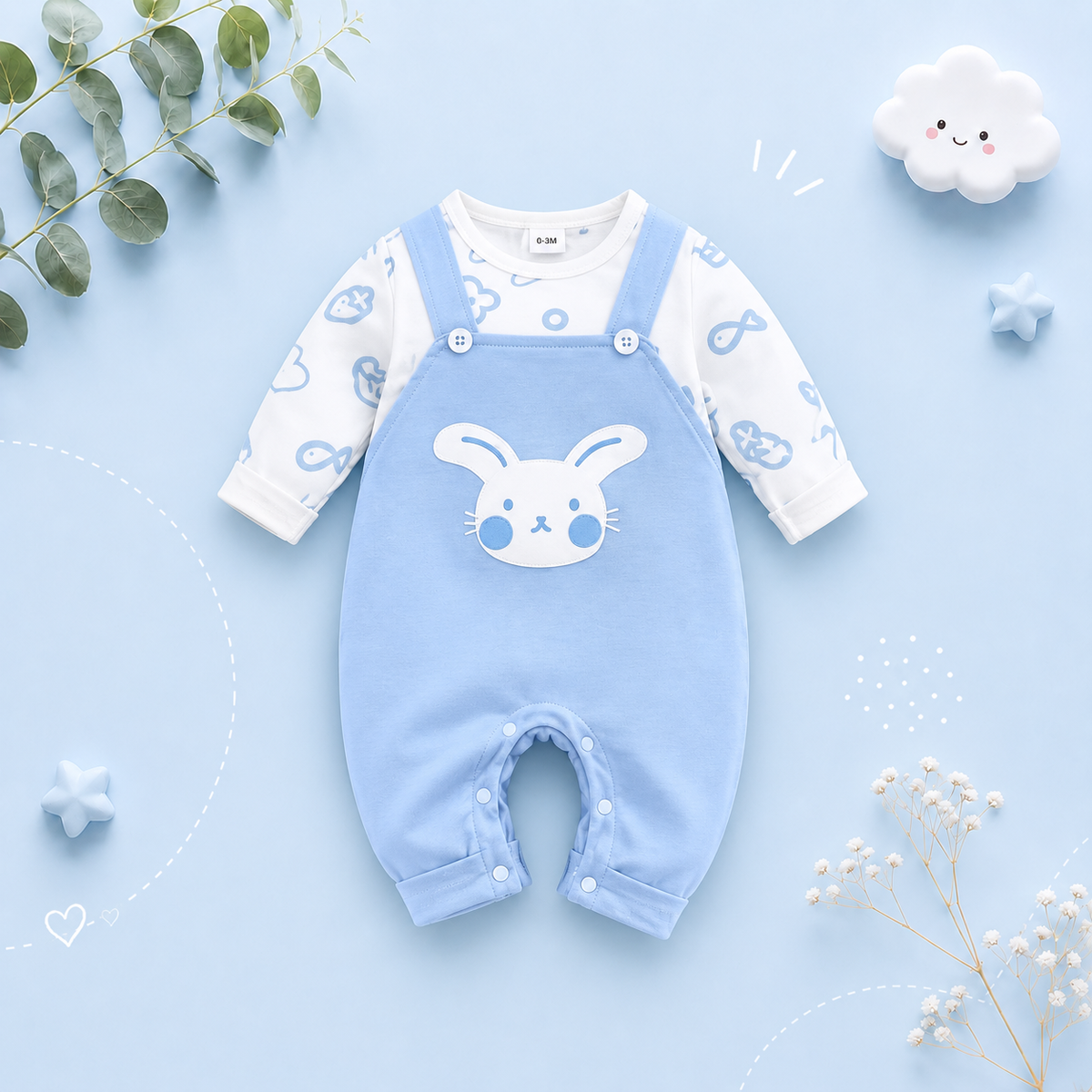 The Tommy - Newborn Baby Bunny Print Romper Long Sleeve Autumn Outfit Soft Cotton