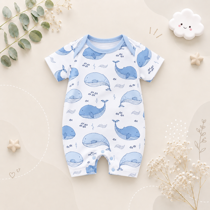 The Lionel - Newborn Baby Boy Whale Print Romper Short Sleeve Bodysuit Summer Outfit