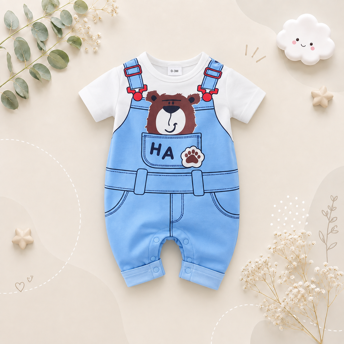 The Valentin - Newborn Baby Bear Print Fake Suspender Romper Short Sleeve Summer Outfit