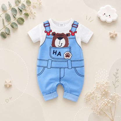 The Valentin - Newborn Baby Bear Print Fake Suspender Romper Short Sleeve Summer Outfit