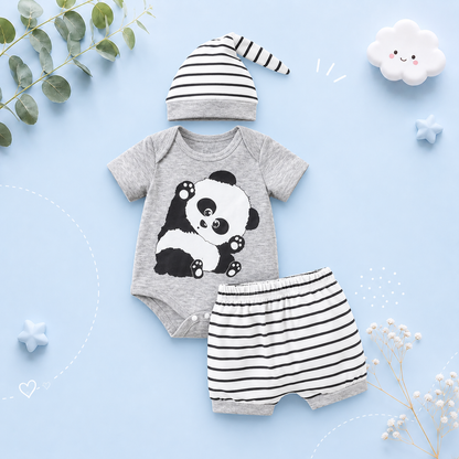The Phillip - Baby Boy 3PCS Panda Romper Pants & Hat Short Sleeve Summer Outfit
