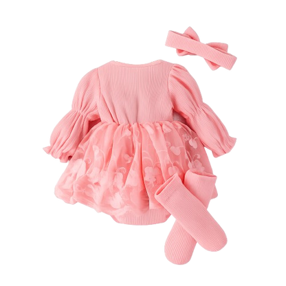 The Zariyah - Baby Girl Princess Waffle Lace Romper Dress & Socks Long Sleeve Outfit