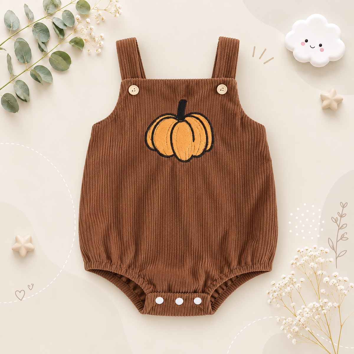 The Misael - Baby Halloween Corduroy Romper, Pumpkin Ghost Print Unisex Outfit