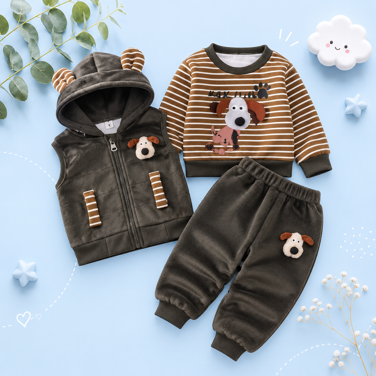 The Yehuda - Baby Boy 3-Piece Winter Fleece Set, Dog Hoodie Vest and Pants