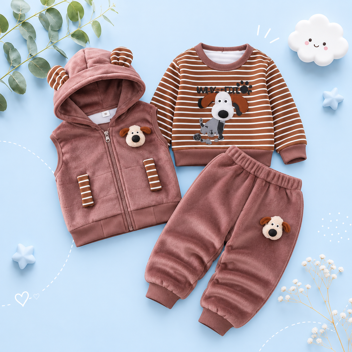 The Yehuda - Baby Boy 3-Piece Winter Fleece Set, Dog Hoodie Vest and Pants
