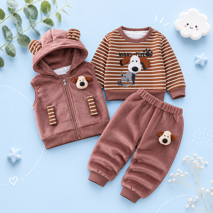 The Yehuda - Baby Boy 3-Piece Winter Fleece Set, Dog Hoodie Vest and Pants