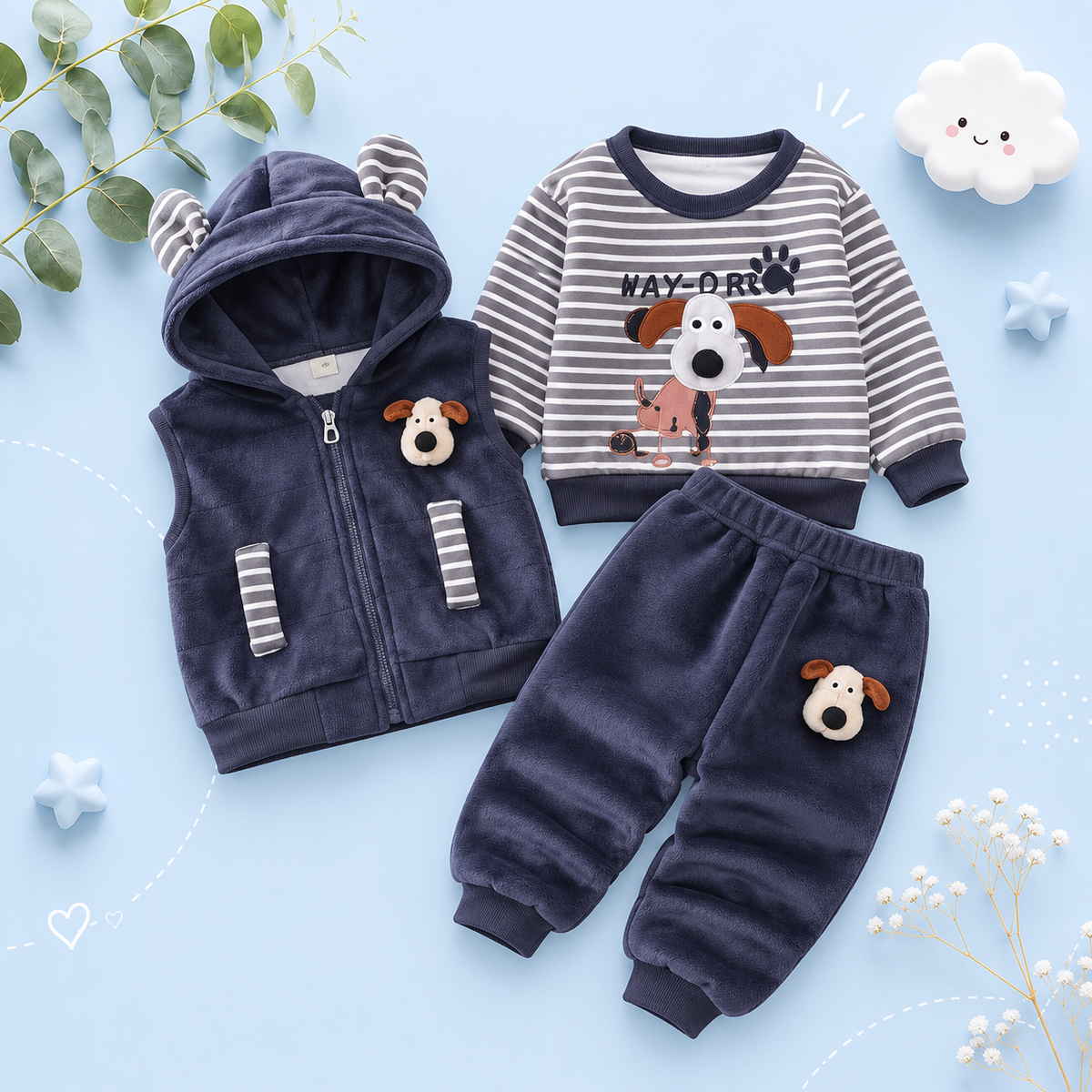 The Yehuda - Baby Boy 3-Piece Winter Fleece Set, Dog Hoodie Vest and Pants