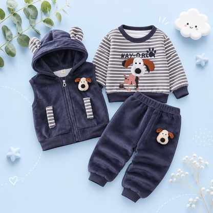 The Yehuda - Baby Boy 3-Piece Winter Fleece Set, Dog Hoodie Vest and Pants