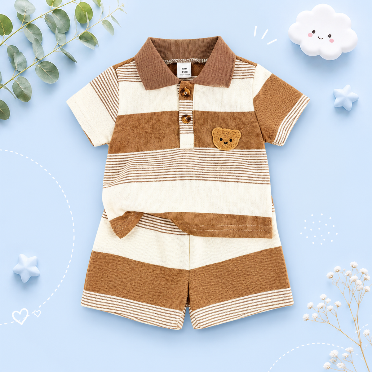 The Matheo - Baby Boy Summer 2-Piece Striped Teddy Bear T-Shirt and Shorts Set
