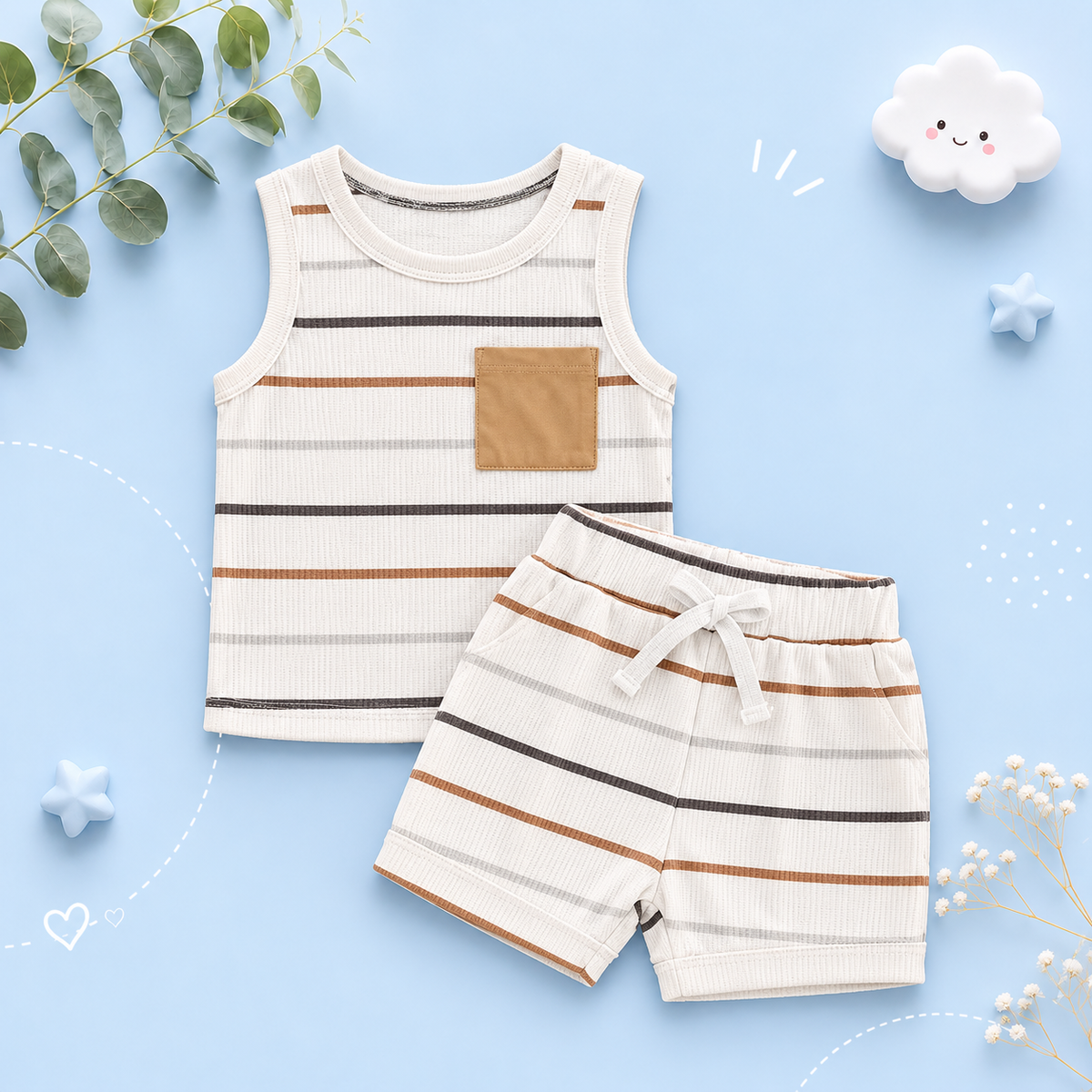 The Ander - Baby Boy Summer 2-Piece Ribbed Striped Tank Top and Shorts Set