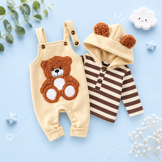 The Dennis - Baby Boy 2-Piece Outfit Set – Long Sleeve Striped Hooded Sweatshirt & Bear Embroidered Overalls