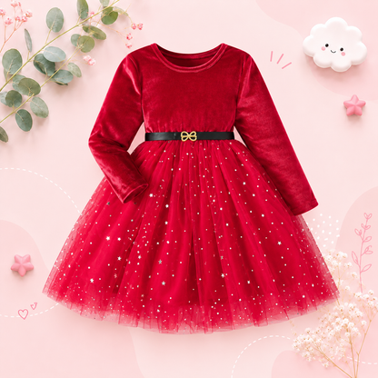 The Bridget - Girls Velvet Mesh Dress – Long Sleeve Star & Moon Sequin Party Dress with Belt
