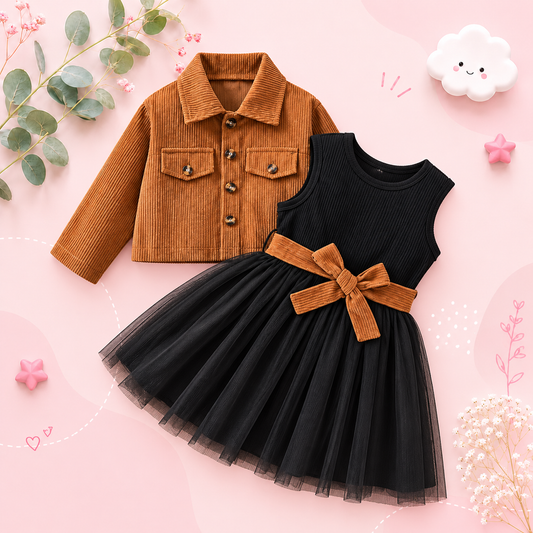 The Theodora - Girls' Fall & Winter Outfit Set – Long Sleeve Dress with Solid Jacket Coat, Kids Clothing Set