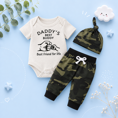 The Ambrose - Newborn Baby Boy 3-Piece Camouflage Outfit Set – Daddy Print Shirt, Pants & Hat