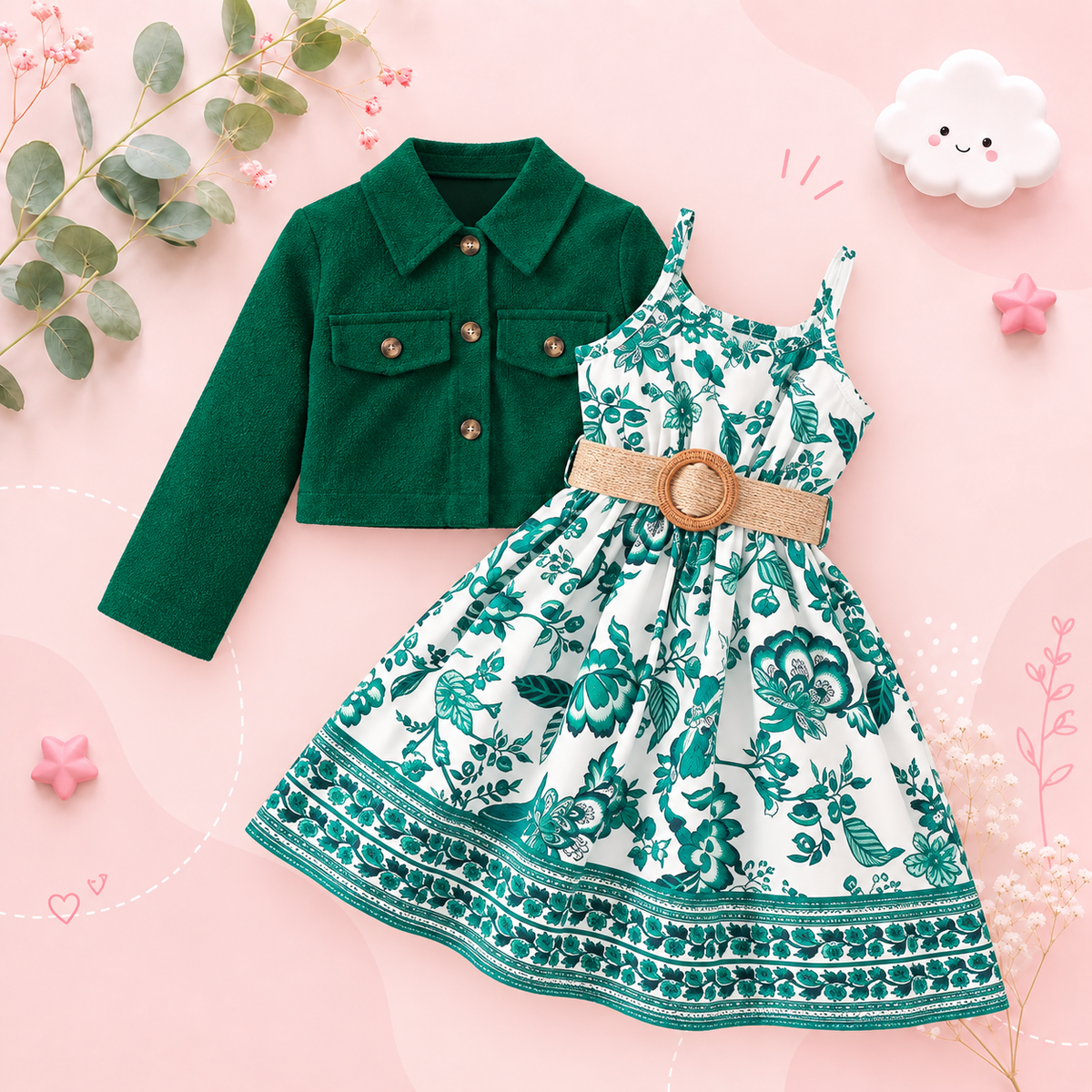 The Samira - Girls 2-Piece Outfit Set – Long Sleeve Jacket & Floral Print Dress | Casual & Holiday Outfit