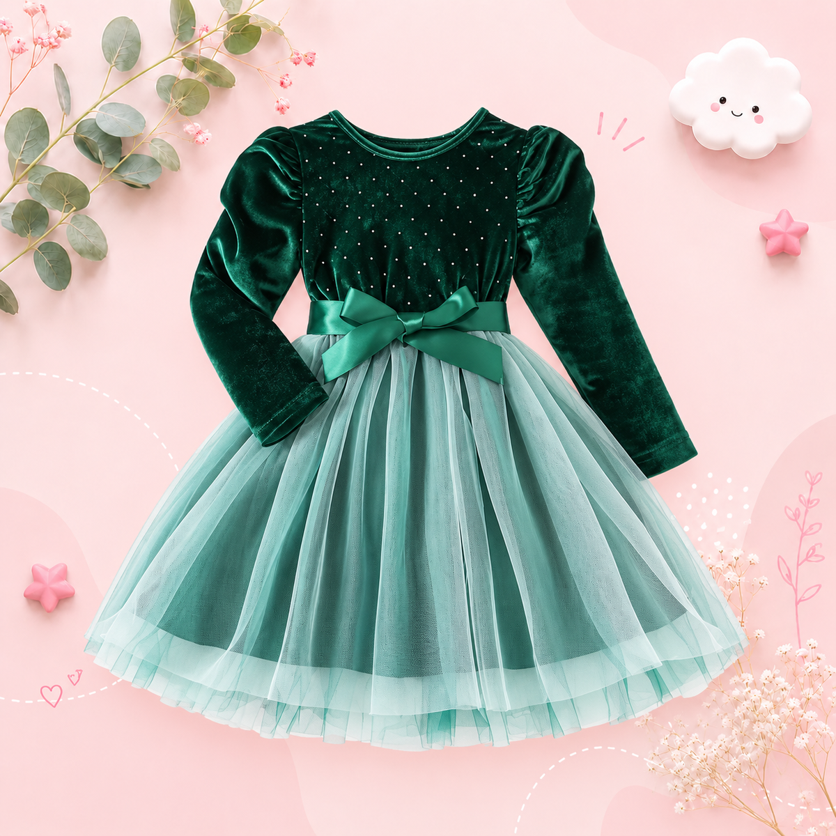 The Macy - Girls Long Sleeve Velvet Mesh Party Dress – Knitted Round Neck Dress