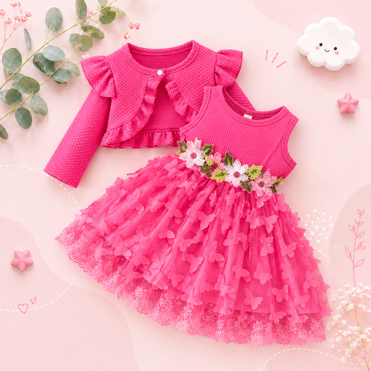 The Kathryn - Baby Girls' Dress & Coat Set – Long Sleeve Ruffle Waffle Coat with Princess Butterfly Flower Dress, Newborn & Toddler Outfit