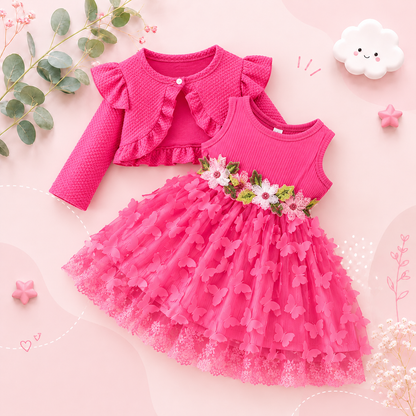The Kathryn - Baby Girls' Dress & Coat Set – Long Sleeve Ruffle Waffle Coat with Princess Butterfly Flower Dress, Newborn & Toddler Outfit