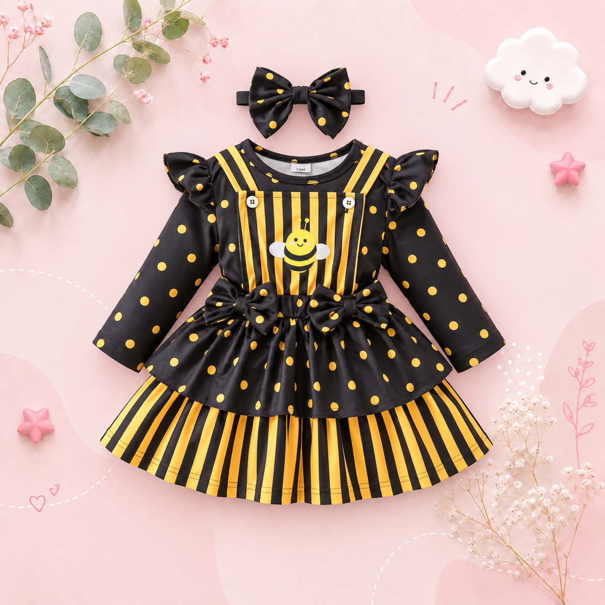 The Martha - Baby Girl 3-Piece Bee Outfit Set – Yellow Striped Bodysuit, Mesh Suspender Dress & Headwear