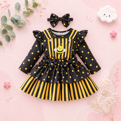 The Martha - Baby Girl 3-Piece Bee Outfit Set – Yellow Striped Bodysuit, Mesh Suspender Dress & Headwear