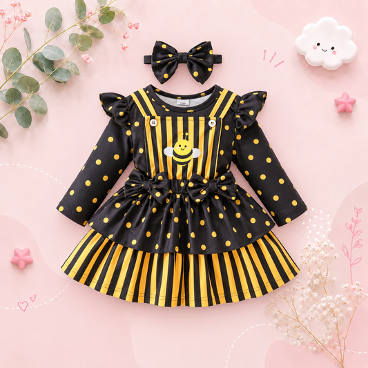 The Martha - Baby Girl 3-Piece Bee Outfit Set – Yellow Striped Bodysuit, Mesh Suspender Dress & Headwear