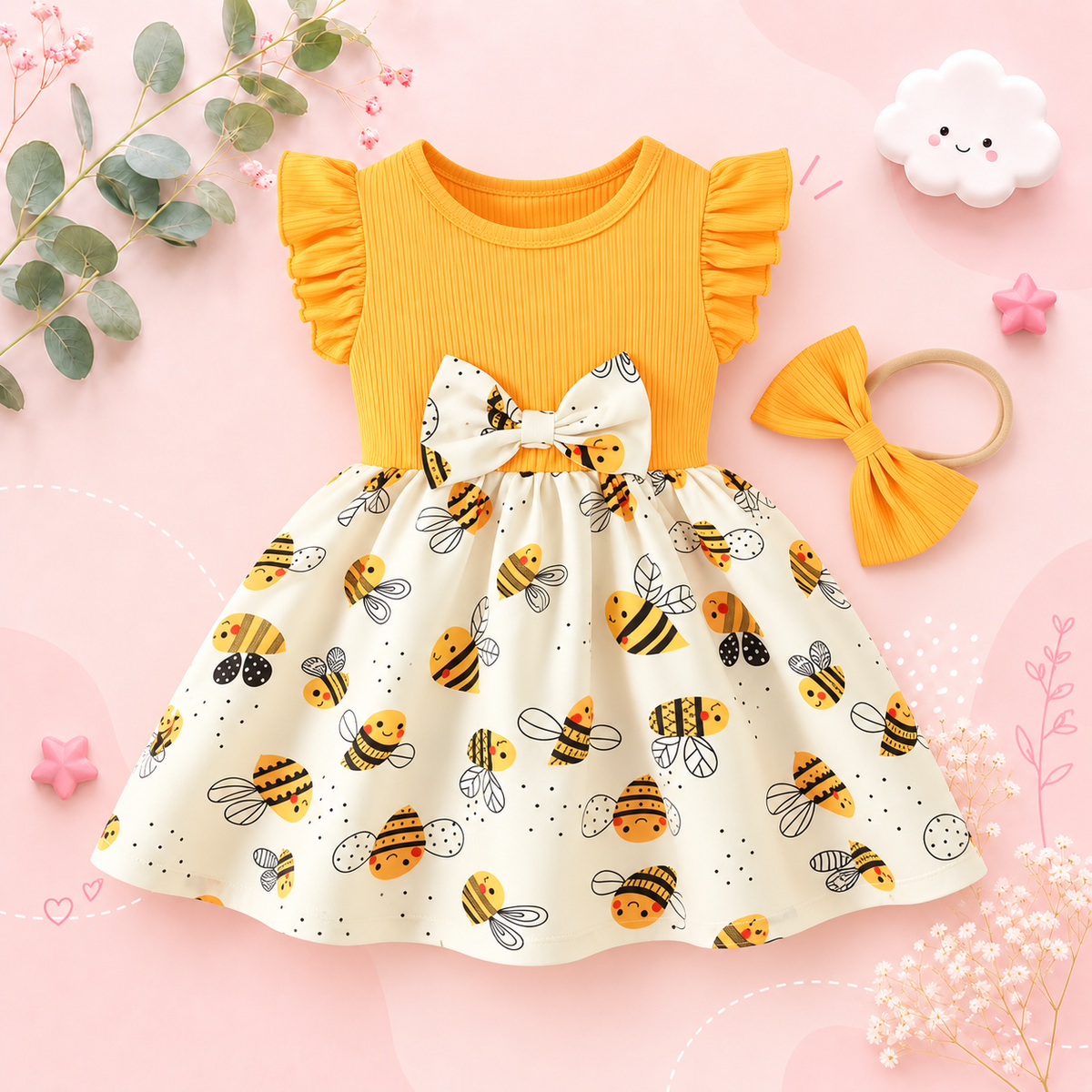 The Karsyn - Baby Girl Yellow Bee Dress Set – Cute Cartoon Bee Print Dress & Bow Headband