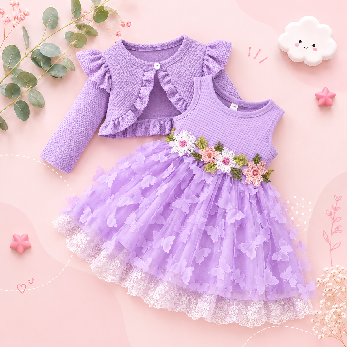 The Kathryn - Baby Girls' Dress & Coat Set – Long Sleeve Ruffle Waffle Coat with Princess Butterfly Flower Dress, Newborn & Toddler Outfit