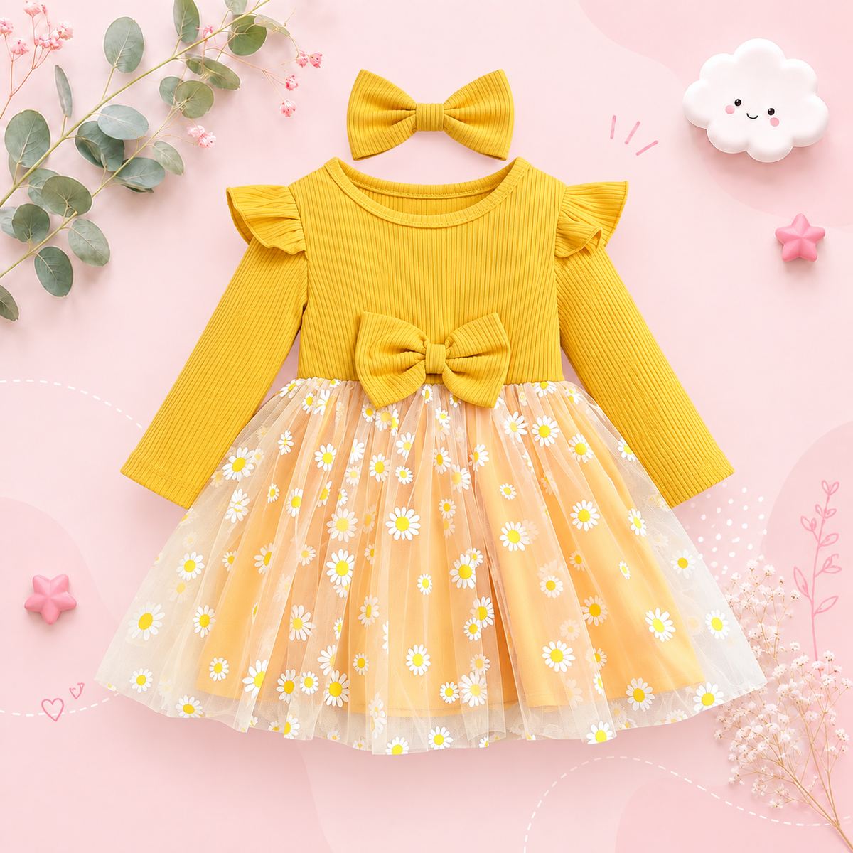 The Leslie - Girls Daisy Yellow Tulle Dress with Hairband Spring Autumn Cute Baby Girl Outfit Floral Print Skirt Set