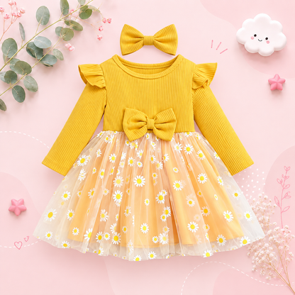 The Leslie - Girls Daisy Yellow Tulle Dress with Hairband Spring Autumn Cute Baby Girl Outfit Floral Print Skirt Set