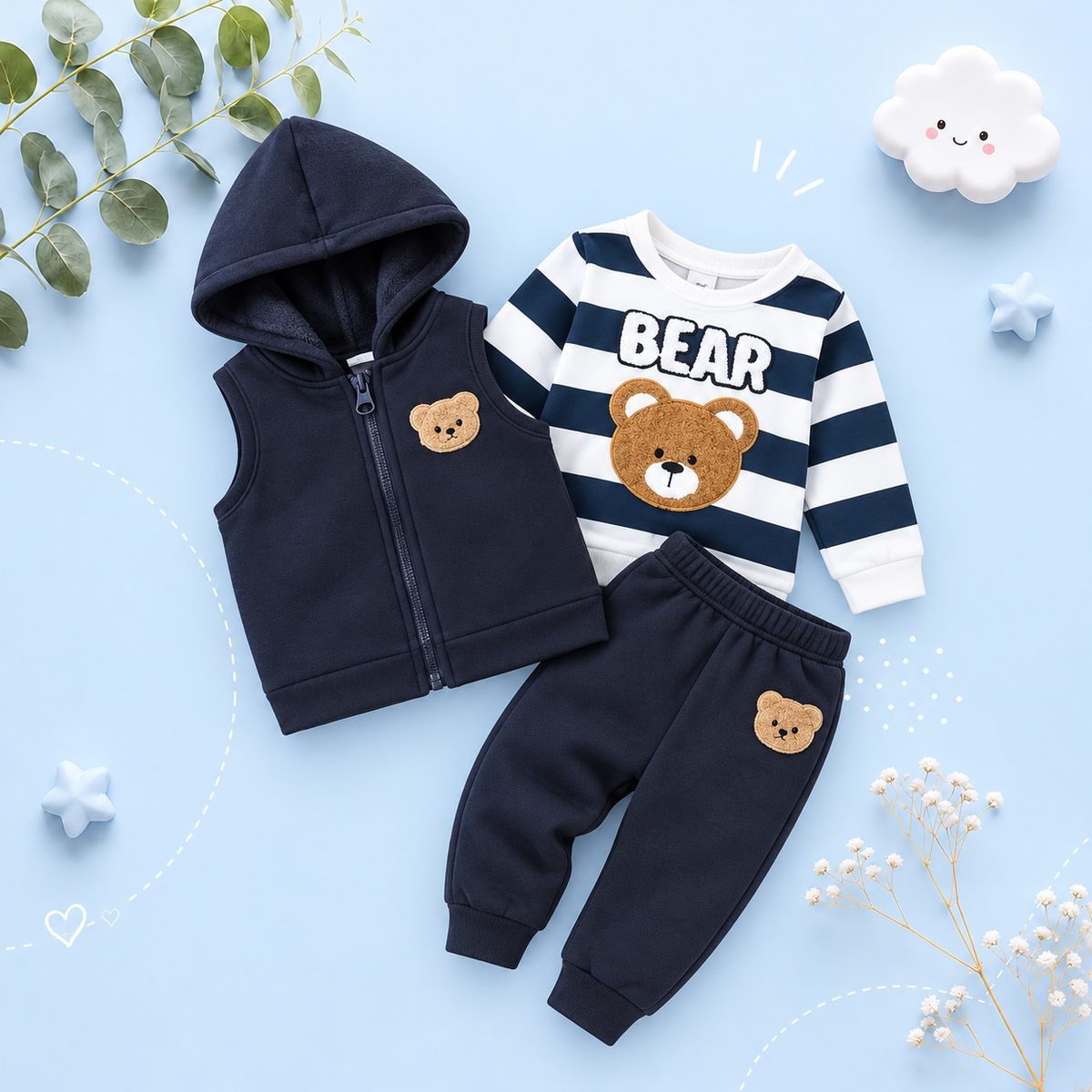 The Mylo - Baby Boy 3-Piece Bear Outfit Set, Vest, Striped Tee and Joggers