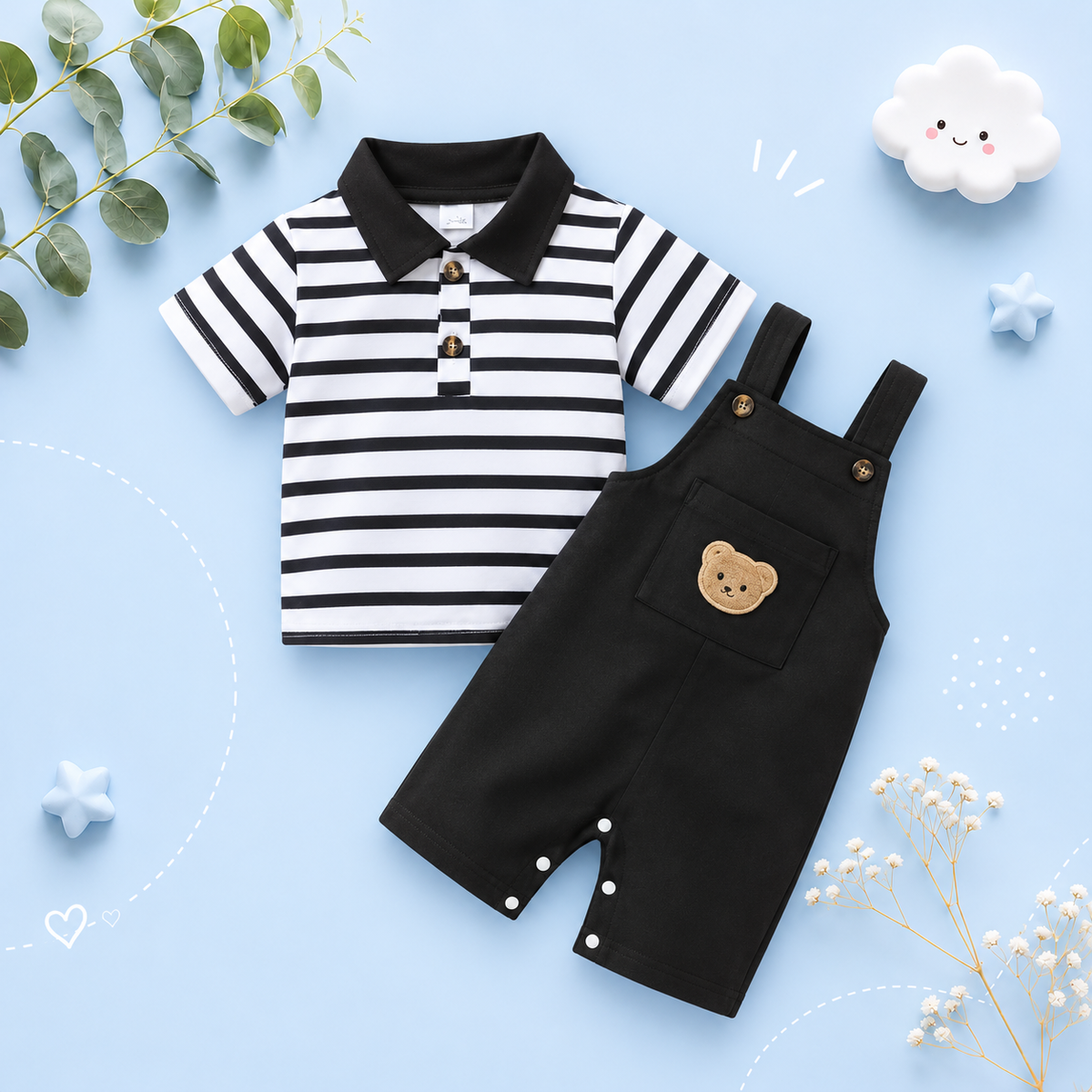 The Ryatt - 2-Piece Baby Boy Summer Outfit, Striped Bear Polo Shirt and Overalls