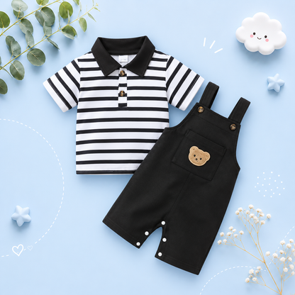 The Ryatt - 2-Piece Baby Boy Summer Outfit, Striped Bear Polo Shirt and Overalls