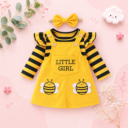 The Dayana - Baby Girl Bee Stripe Outfit Set – Ruffle Sleeve Top, Yellow Corduroy Pinafore Dress & Bow Headband