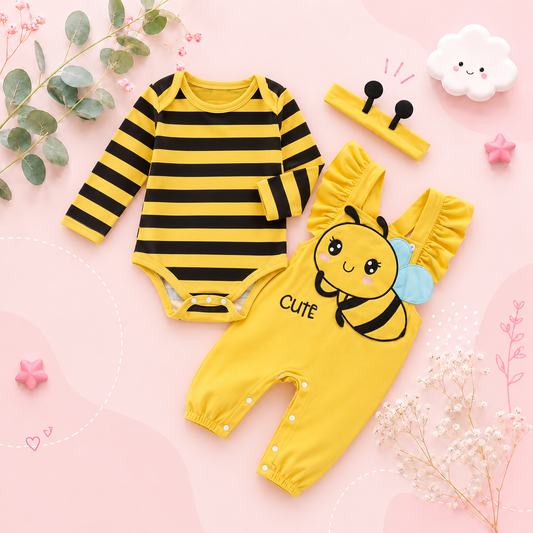 The Alena - Baby Girl Halloween Bee Costume 3-Piece Set - Long Sleeve Romper, Overalls & Headband