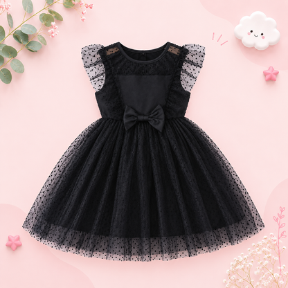 The Gwen - Girls Summer Polka Dot Velvet Mesh Dress – Flutter Sleeve Bow Princess Party Dress