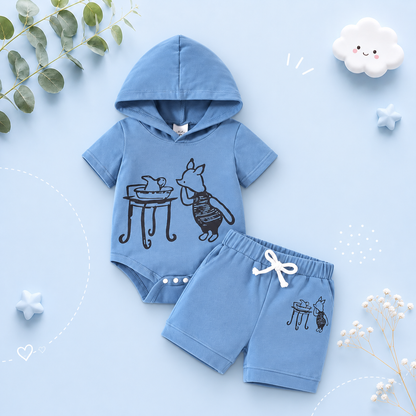 The Marcel - Baby Boy Summer 2-Piece Cartoon Pig Hooded Romper and Shorts Set