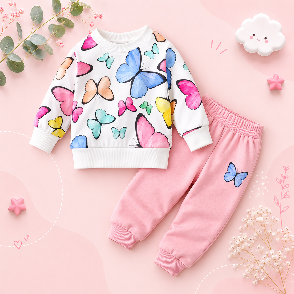 The Kensley - Baby Girl 2-Piece Butterfly Print Top and Pants Set, Spring Autumn