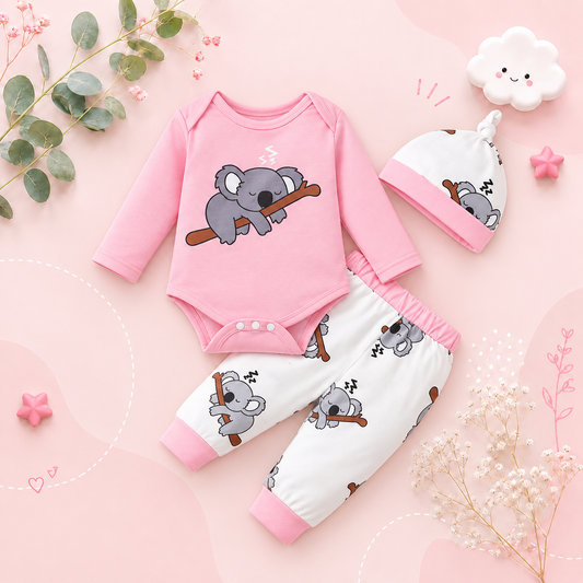 The Angelica - Newborn Baby Girl Koala Outfit 3-Piece Set – Jumpsuit, Pants & Hat