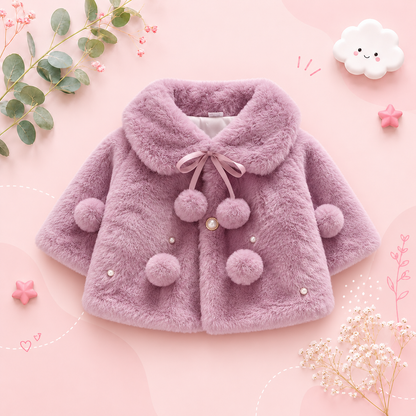 The Emerald - Baby Girl Winter Faux Fur Coat, Pearl Decorated Wide Lapel Jacket