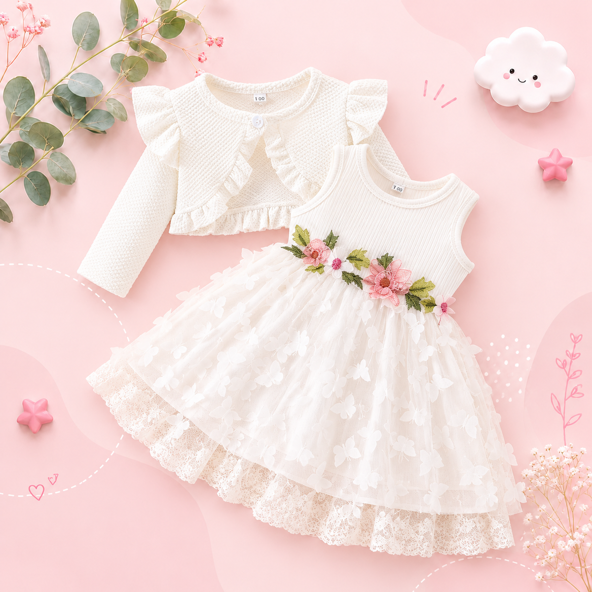 The Kathryn - Baby Girls' Dress & Coat Set – Long Sleeve Ruffle Waffle Coat with Princess Butterfly Flower Dress, Newborn & Toddler Outfit