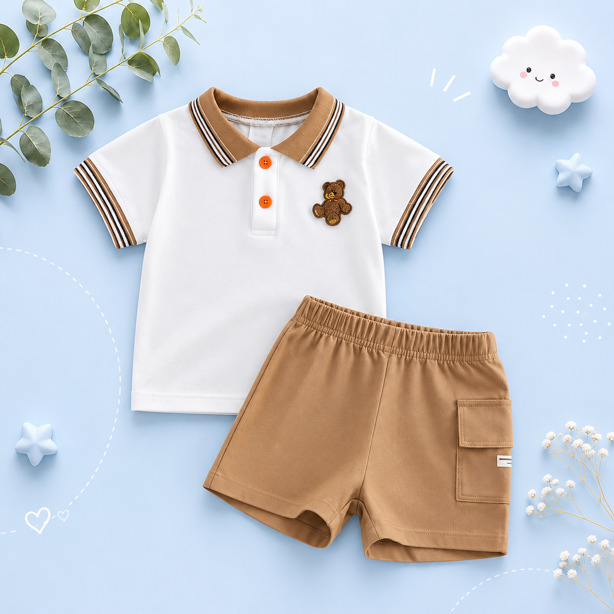 The Westyn - Baby Boy Summer 2-Piece Bear Embroidered T-Shirt and Shorts Set